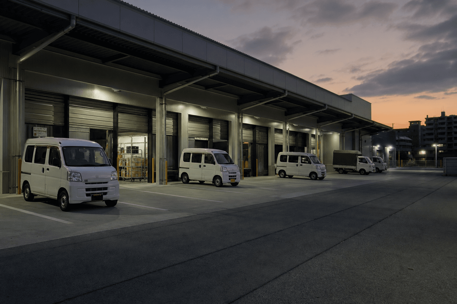 夕方の物流拠点に並ぶ配送車両